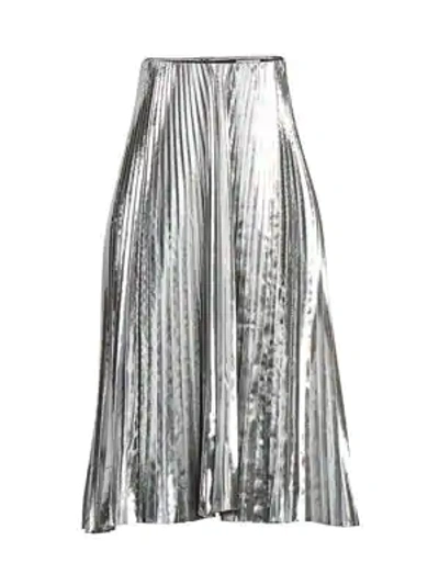 Shop Balenciaga Pleated Metallic Midi Skirt In Silver