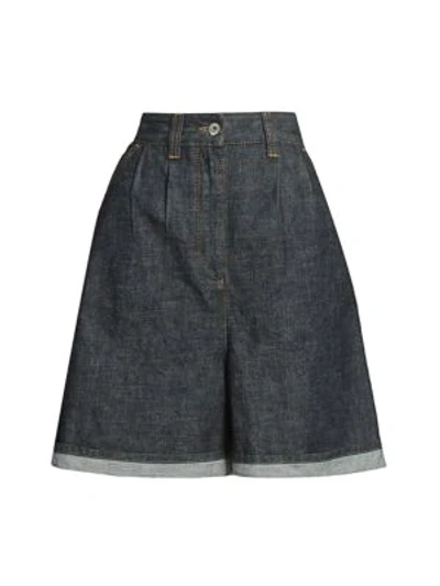 Shop Loewe High-rise Pleated A-line Denim Shorts In Indigo