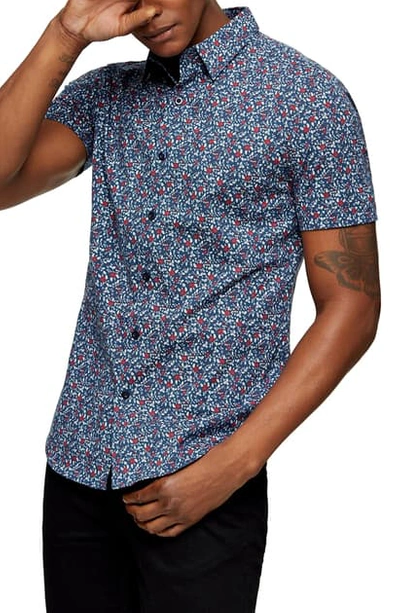 Shop Topman Floral Short Sleeve Button-up Shirt In Navy Blue
