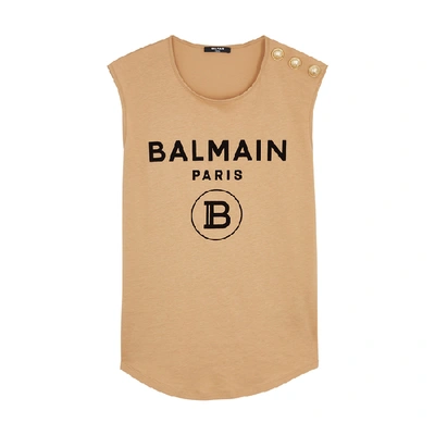 Shop Balmain Camel Logo Cotton Tank In Beige