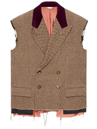 Shop Gucci Herringbone Sleeveless Jacket In Brown