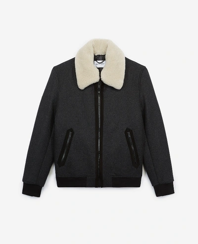 Shop The Kooples Sport Zipped Grey Wool Jacket With Leather Collar