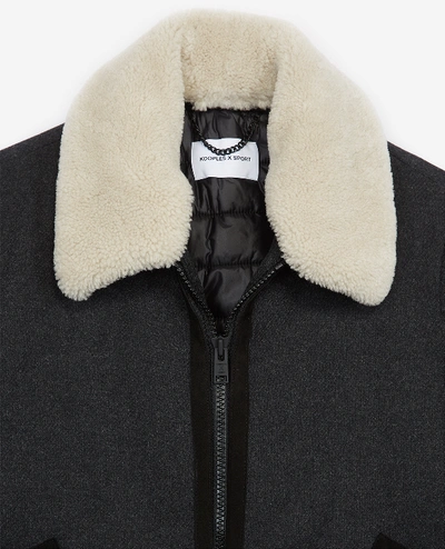 Shop The Kooples Sport Zipped Grey Wool Jacket With Leather Collar
