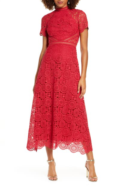 ml monique lhuillier red floral lace gown