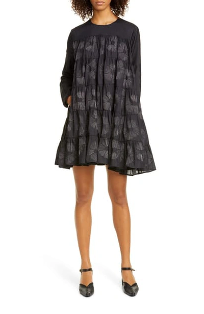 Shop Merlette Soliman Floral Embroidered Long Sleeve Cotton & Silk Shift Dress In Black/ Silver