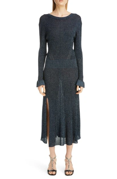 Shop Chloé Metallic Rib Long Sleeve Midi Dress In Shiny Blue