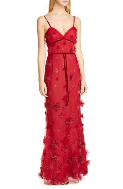 Shop Marchesa Notte Floral Applique Trumpet Gown In Wine