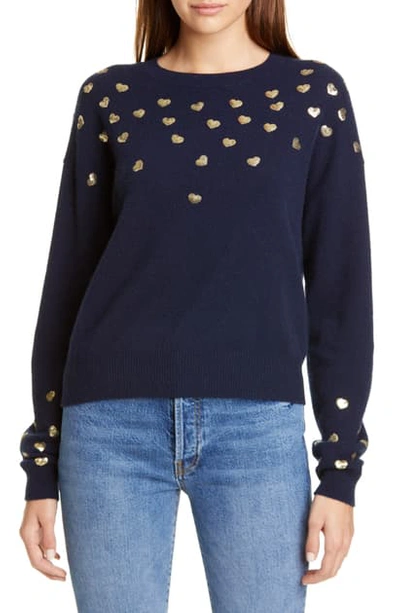 Shop Autumn Cashmere Sequin Heart Cashmere Sweater In Navy/gold