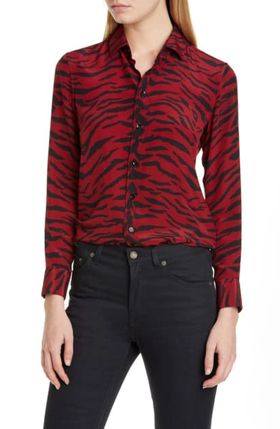 Shop Saint Laurent Animal Print Silk Shirt In Rubis Noir