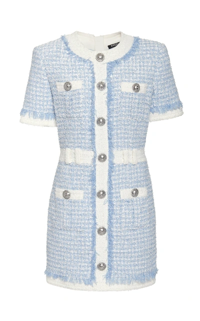 Shop Balmain Buttoned Tweed Mini Dress In Blue