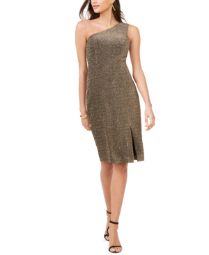 one shoulder metallic knit dress