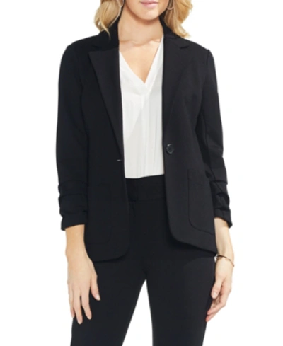 Shop Vince Camuto Petite Ruched-sleeve Ponte-knit Blazer In Rich Black