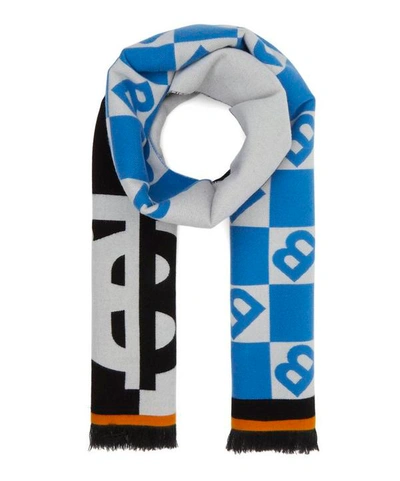 Shop Burberry Contrast Logo Graphic Wool-blend Scarf In Azure Blue