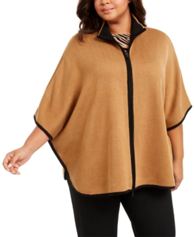 Shop Anne Klein Plus Size Zip-up Poncho Sweater In Vicuna/anne Black