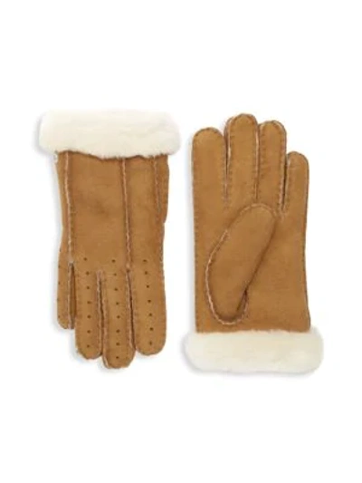 Shop Ugg Perforated Shearling Gloves In Chestnut