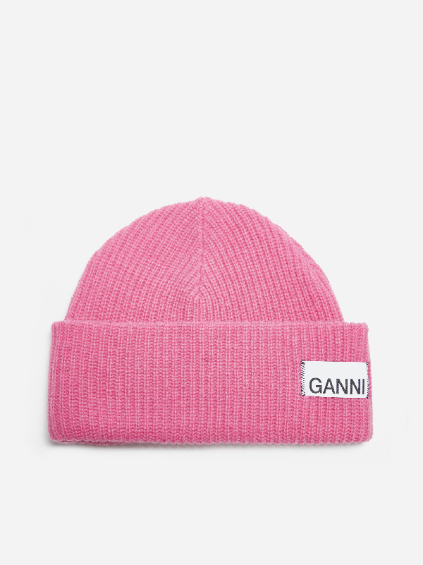 Ganni Berretto In Lana Con Logo In Hot Pink | ModeSens