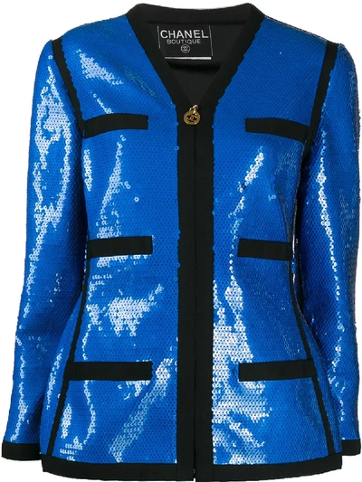 Pre-owned Chanel 1991 Sequin-embellished Jacket In Blue