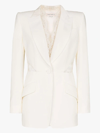 Shop Alexander Mcqueen Lace Detail Single-breasted Blazer In White