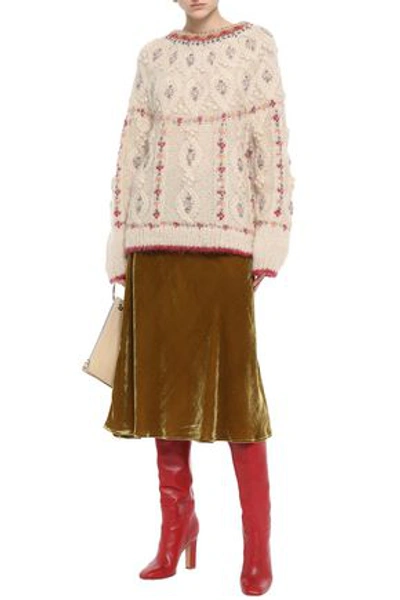 Shop Mes Demoiselles Woman Cheerleader Embroidered Cable-knit Mohair-blend Sweater Beige