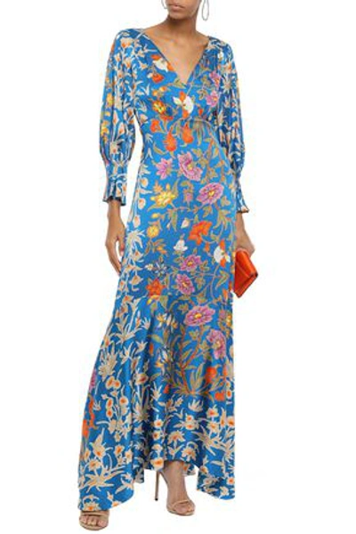 Shop Peter Pilotto Floral-print Hammered Stretch Silk-satin Gown In Cobalt Blue