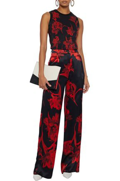 Shop Roberto Cavalli Woman Floral-print Silk-satin Wide-leg Pants Black