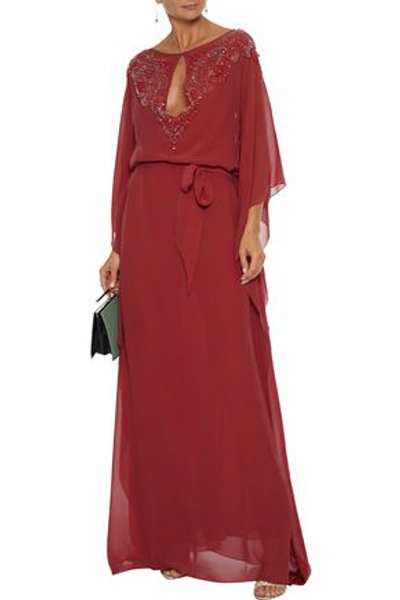 Shop Roberto Cavalli Belted Embellished Silk Crepe De Chine Gown In Brick