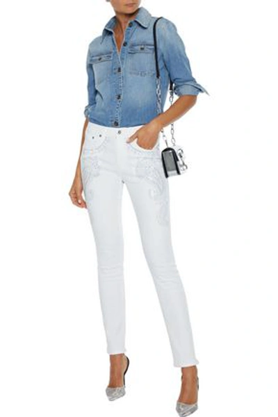 Shop Roberto Cavalli Woman Crystal-embellished Mid-rise Skinny Jeans White