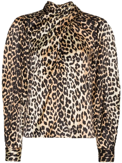 Shop Ganni Tie-neck Leopard Print Blouse In Black