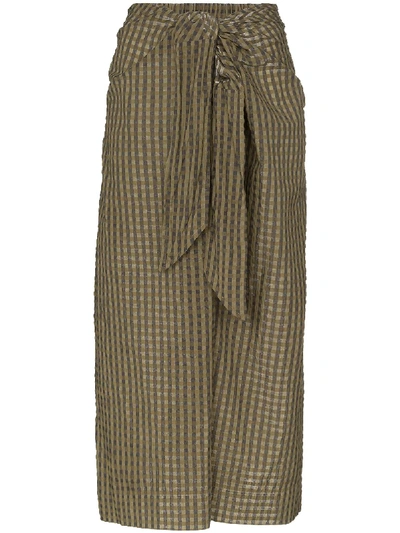 Shop Ganni Check Tie-waist Midi Skirt In Green