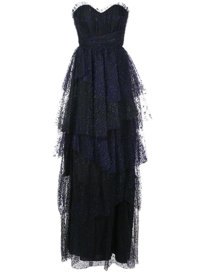Shop Marchesa Notte Tiered Ruffled Strapless Gown In Black