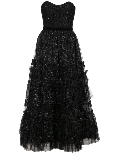 Shop Marchesa Notte Ruffled Tiered Strapless Gown In Black