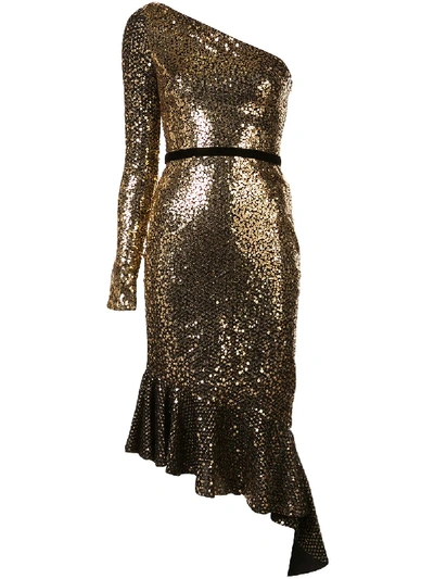 Shop Marchesa Notte Sequinned Ruffle Asymmetric Dress In Gold