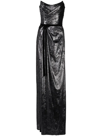 Shop Marchesa Notte Metallic Strapless Split-front Gown In Silver