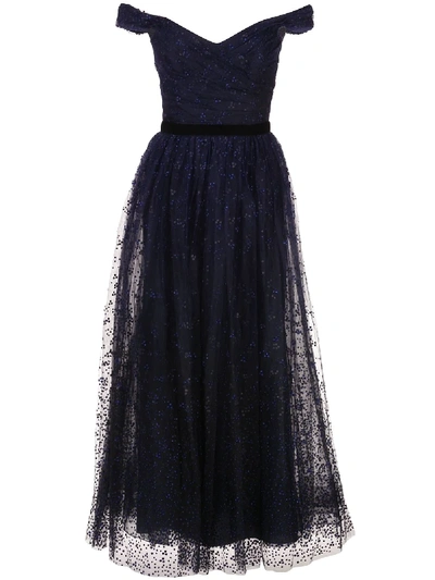 Shop Marchesa Notte Draped Corseted Sequin-embellished Gown In Blue