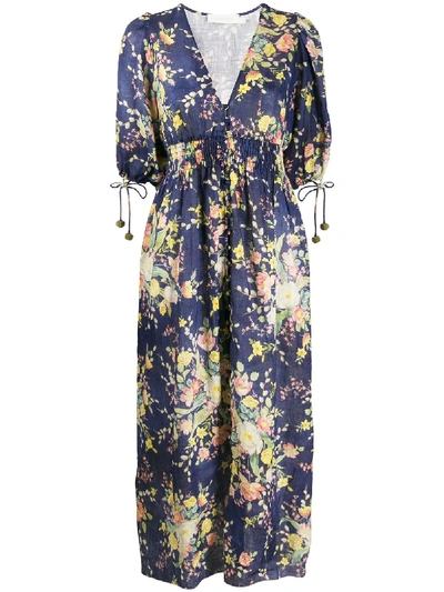 Shop Zimmermann Zinnia Cobalt Floral Shirred Dress In Blue