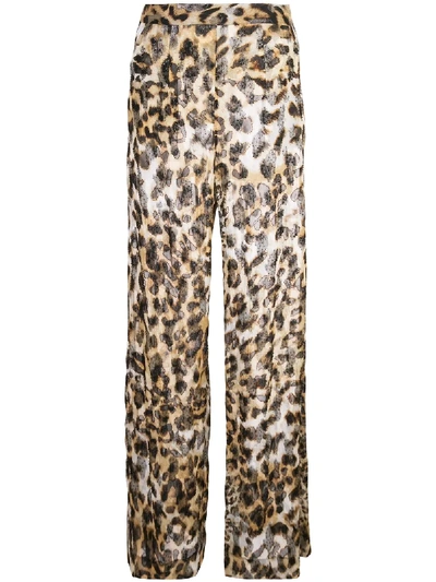 Shop Josie Natori Couture Beaded Leopard Print Trousers In Brown