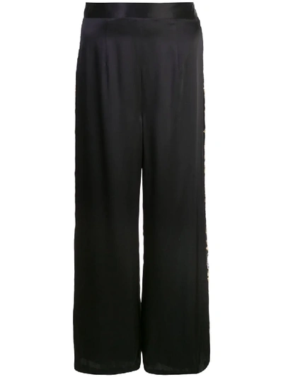 Shop Josie Natori Couture Embroidered Wide Leg Trousers In Black