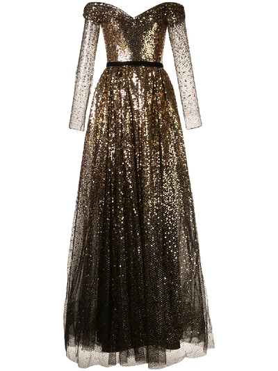 Shop Marchesa Notte Off-the-shoulder Sequin Gown In Gold ,black