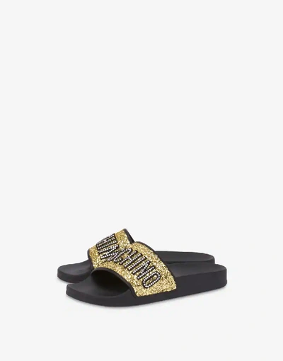Shop Moschino Glitter Lettering Jewel Pool Slides In Black