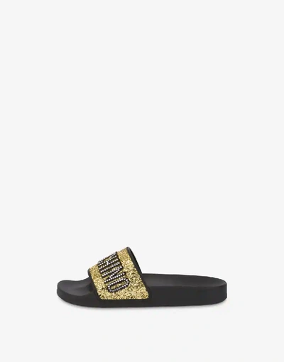 Shop Moschino Glitter Lettering Jewel Pool Slides In Black