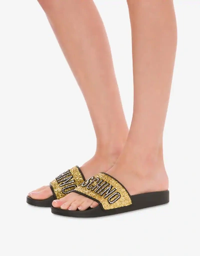 Shop Moschino Glitter Lettering Jewel Pool Slides In Black