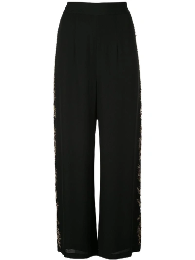 Shop Josie Natori Couture Beaded Wide-leg Trousers In Black