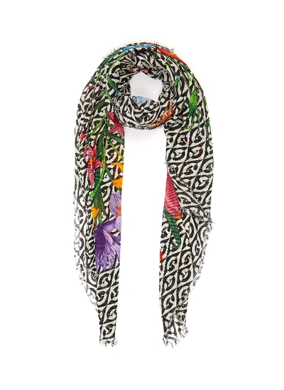 Shop Gucci 'flora Privilege' Mixed Print Wool Shawl In Multi-colour