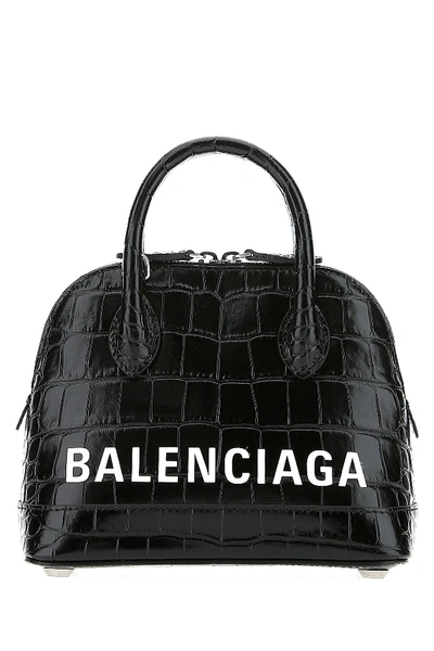 Shop Balenciaga Ville Xxs Logo Croc Effect Top Handle Bag In Black