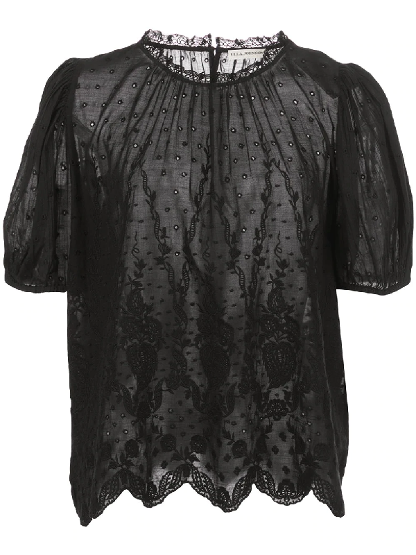 Ulla Johnson Emmie Embroidered Puff-sleeve Blouse In 黑色 | ModeSens