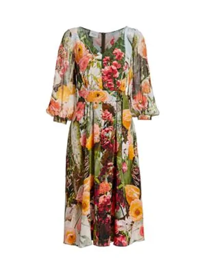Shop Akris Punto Cactus Blossom Silk Crepe Midi Dress In Cactus Blosssom Print