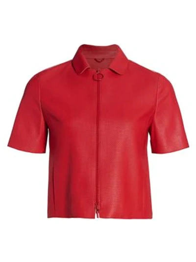 Shop Akris Punto Short-sleeve Perforated Leather Zip Jacket In Luminous Red