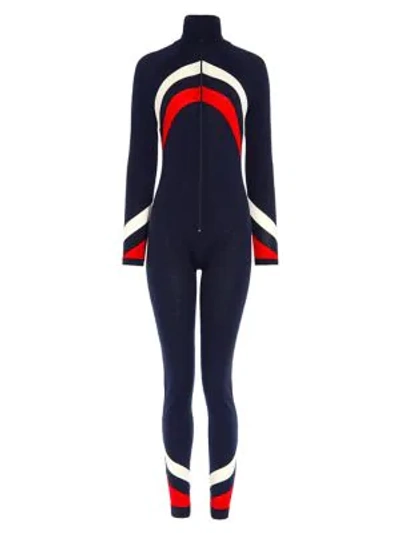 Shop Perfect Moment Chevron Stripe Wool Cat Suit In Navy