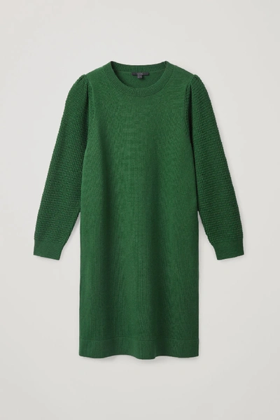 Shop Cos Puff Sleeve Cotton-wool Dress In Green