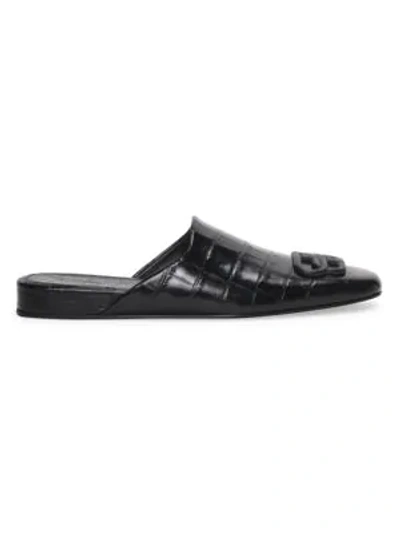 Shop Balenciaga Cosy Bb Croc-embossed Leather Mules In Black